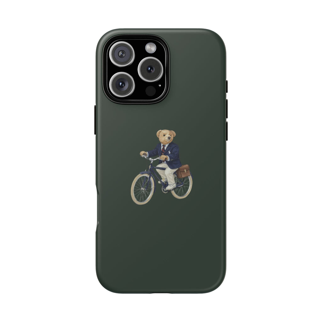 Hunter green phone case featuring bear bicyclist center graphic with camera opening