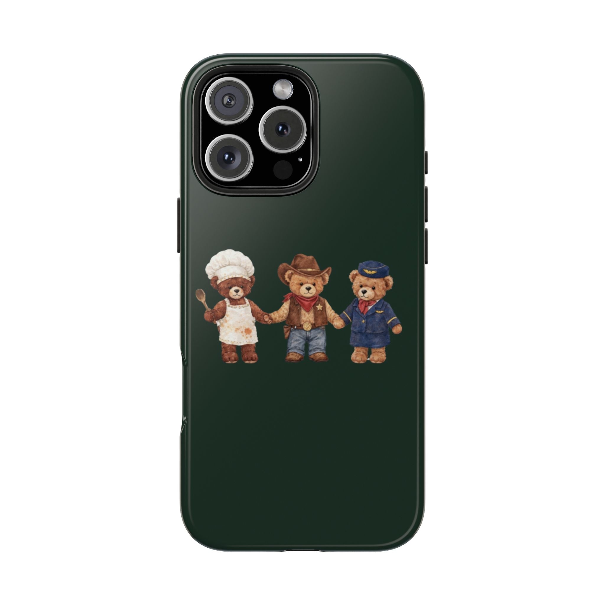 Dark green phone case with three teddy bears across the back