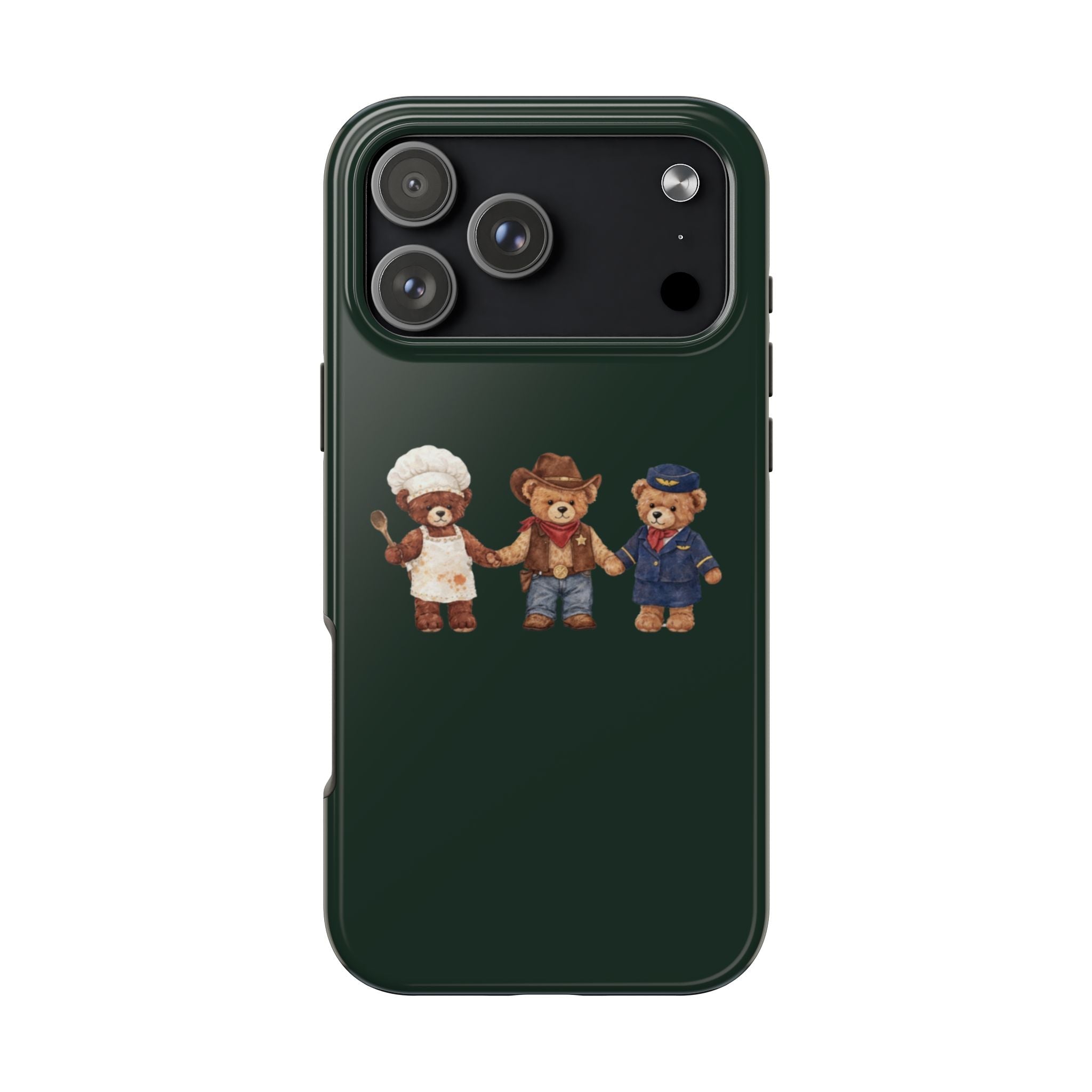 Hunter green phone case with three teddy bears near camera cutout