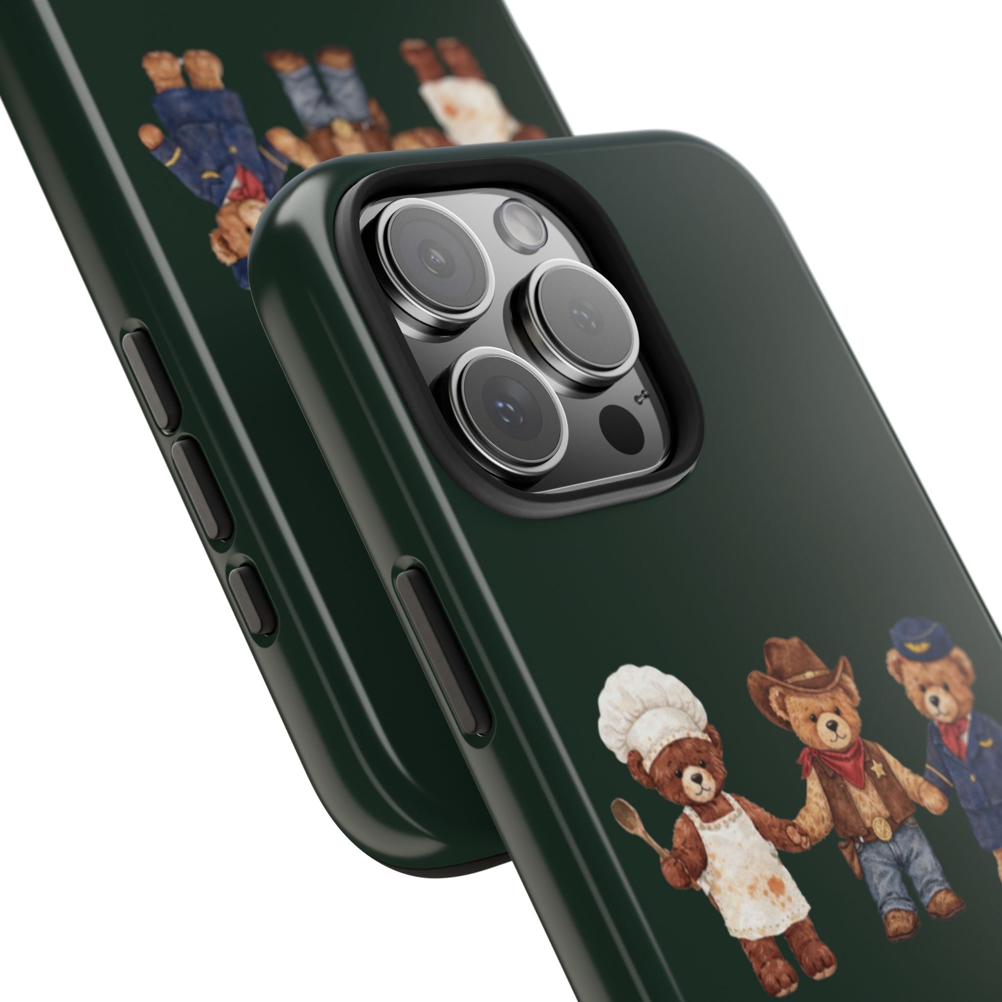 Dark green phone case side view with teddy bear trio by the bottom
