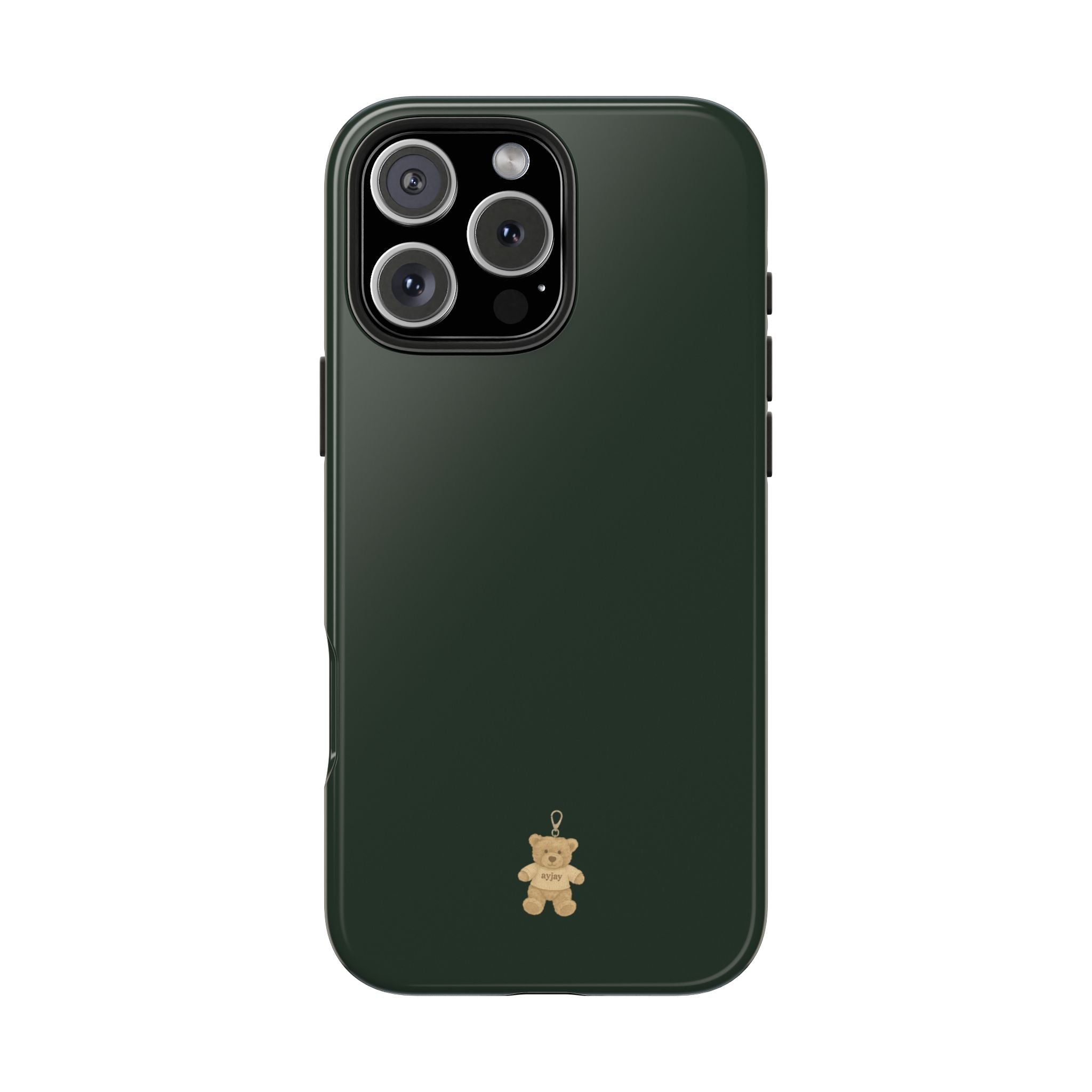 Hunter green phone case front view with mini teddy bear keychain charm
