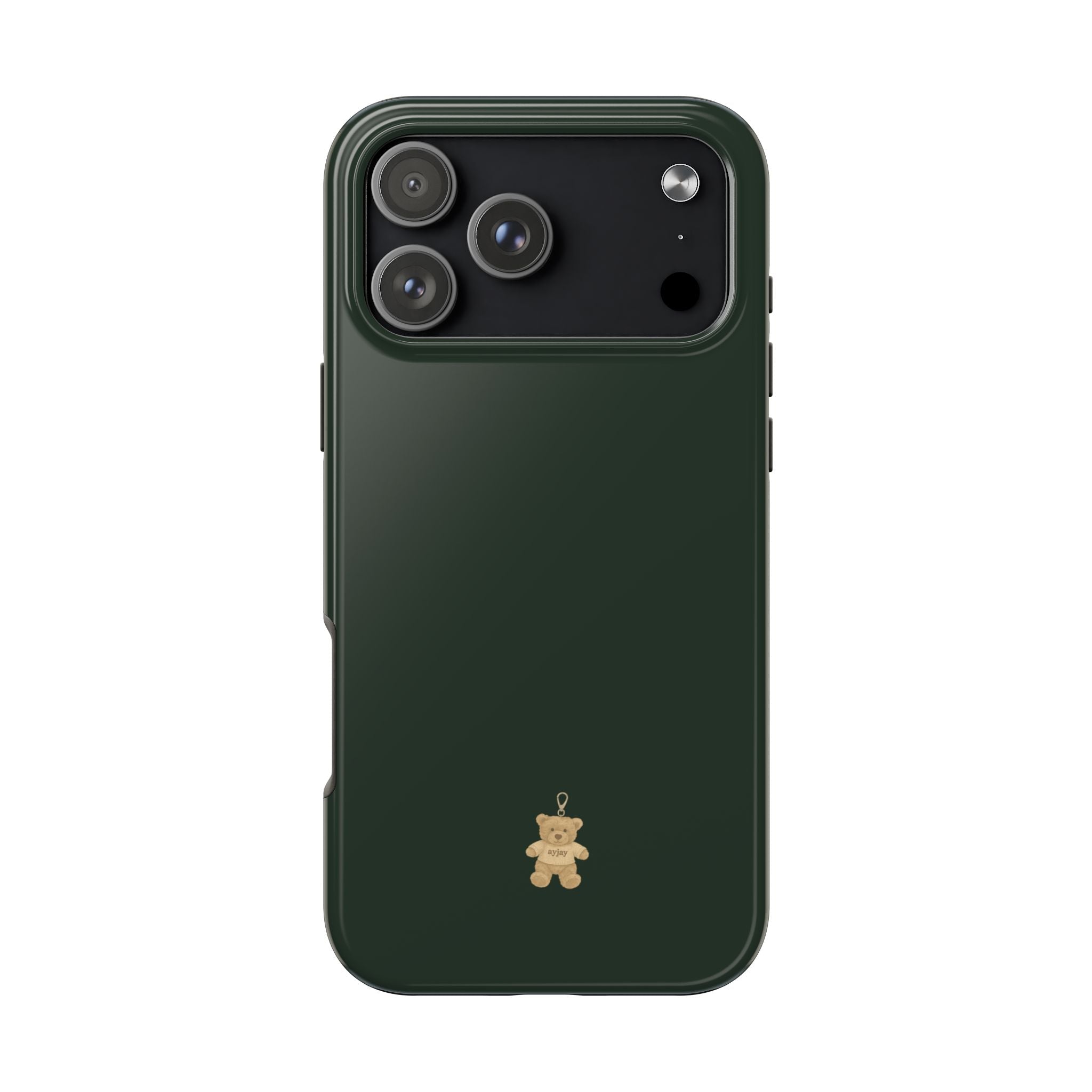 Hunter green teddy bear phone case with small hanging bear charm