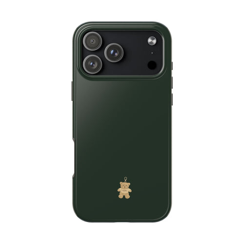 Hunter green teddy bear phone case with small hanging bear charm
