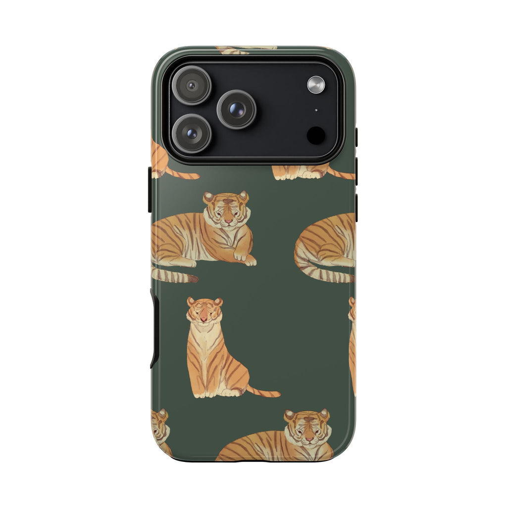 Hunter green phone case with tiger print and full back camera panel, protective edges