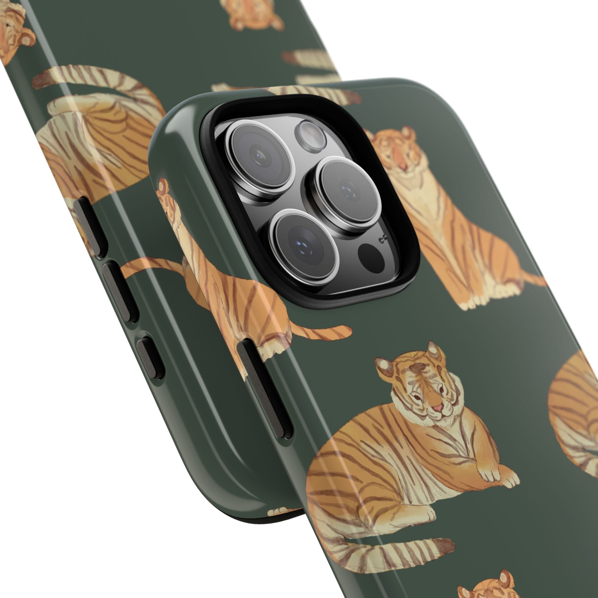 Angled hunter green tiger-pattern phone case with raised camera lens covers and cutouts