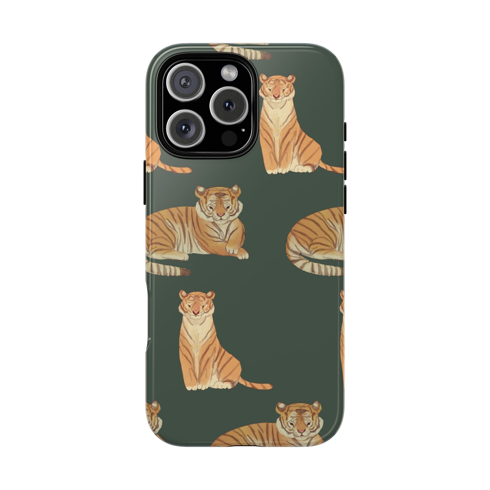 Hunter green phone case with repeating tiger pattern and camera cutout, front view