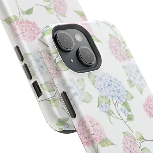 Hydrangea floral phone case with side buttons and camera cutouts, pastel blooms