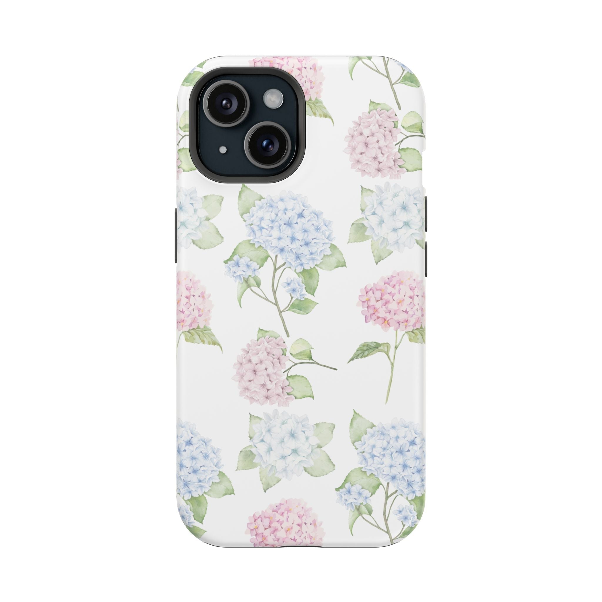Hydrangea floral phone case with pastel pink/blue blooms on white