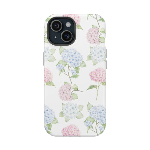 Hydrangea floral phone case with pastel pink/blue blooms on white