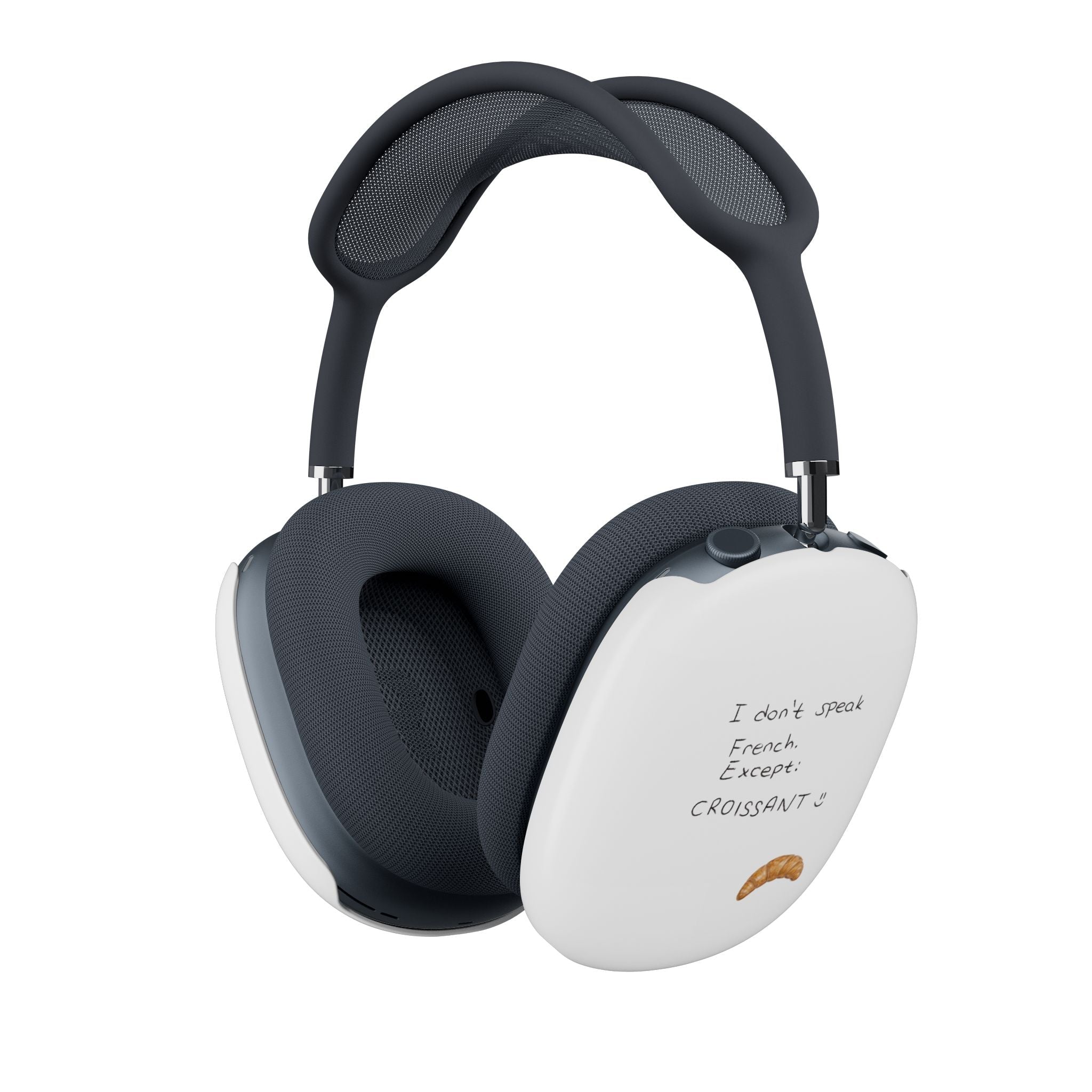 White AirPods Max ear cup covers with 'I don't speak French' croissant graphic