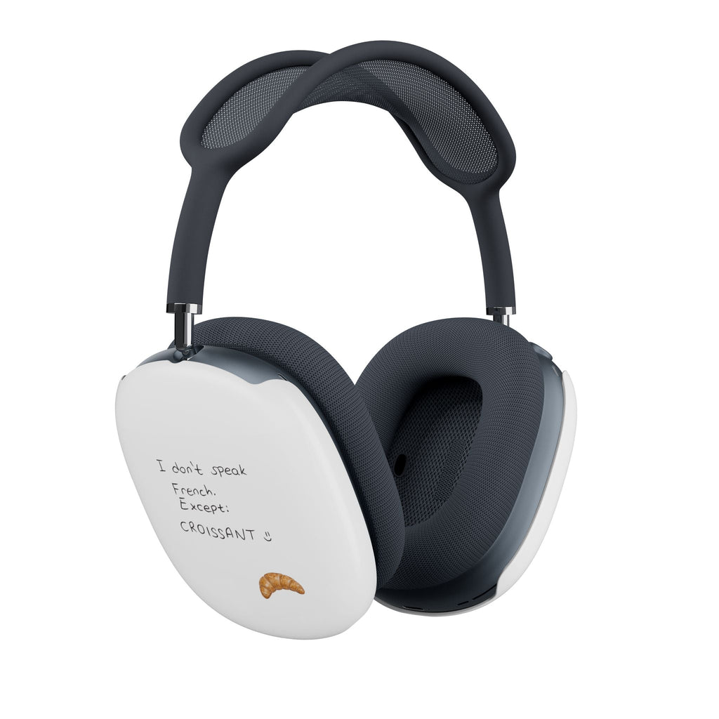 White AirPods Max ear cup cover, side view with croissant and French message