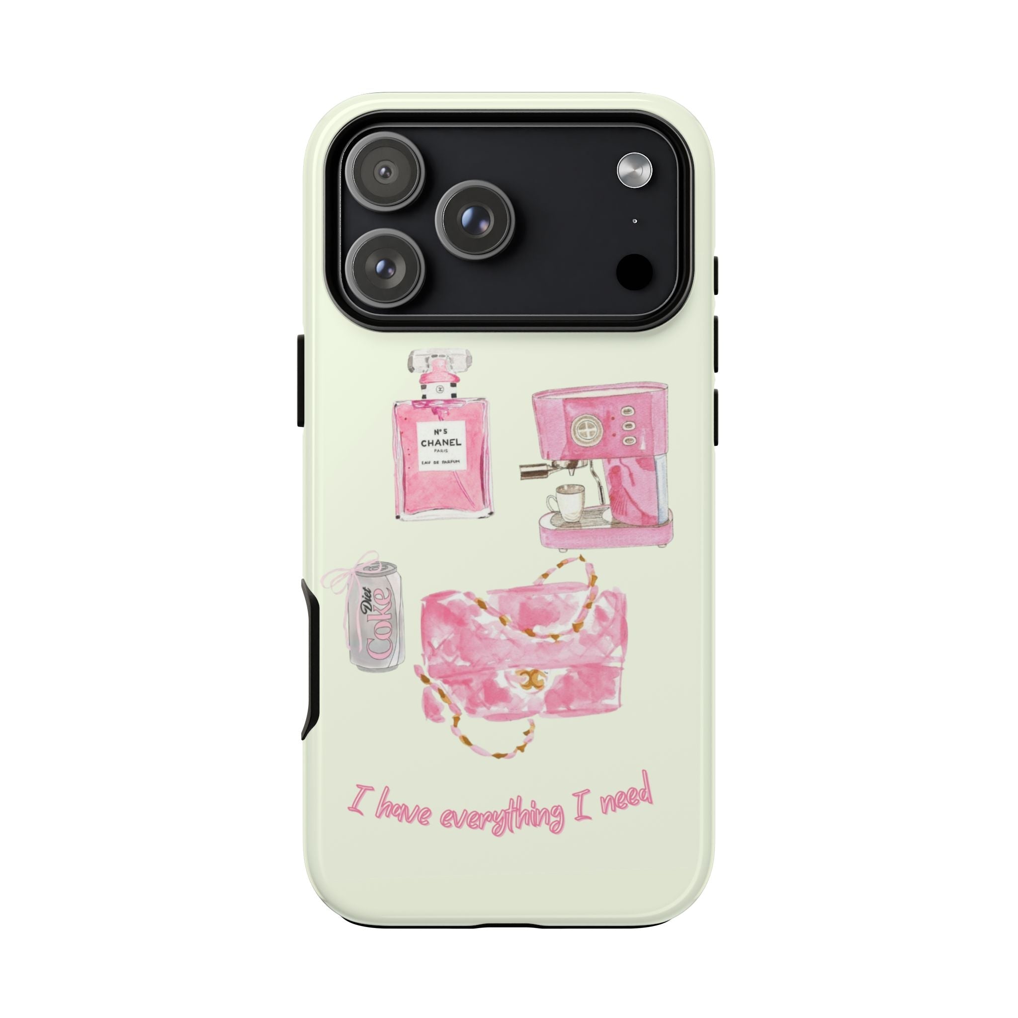Cream phone case with pink perfume collage, slogan at bottom, camera cutout detail