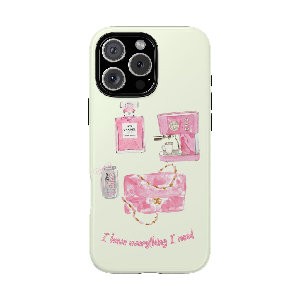 Cream phone case with pink perfume illustration and text "I have everything I need"