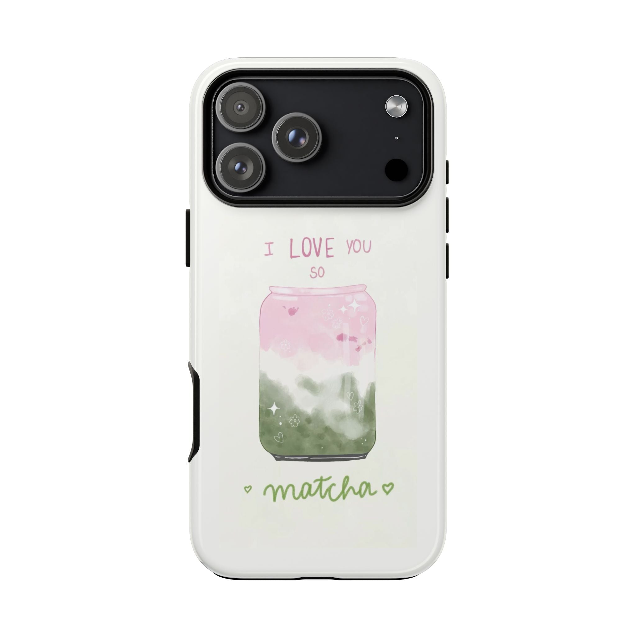 White phone case with matcha jar illustration and 'matcha' script, heart details