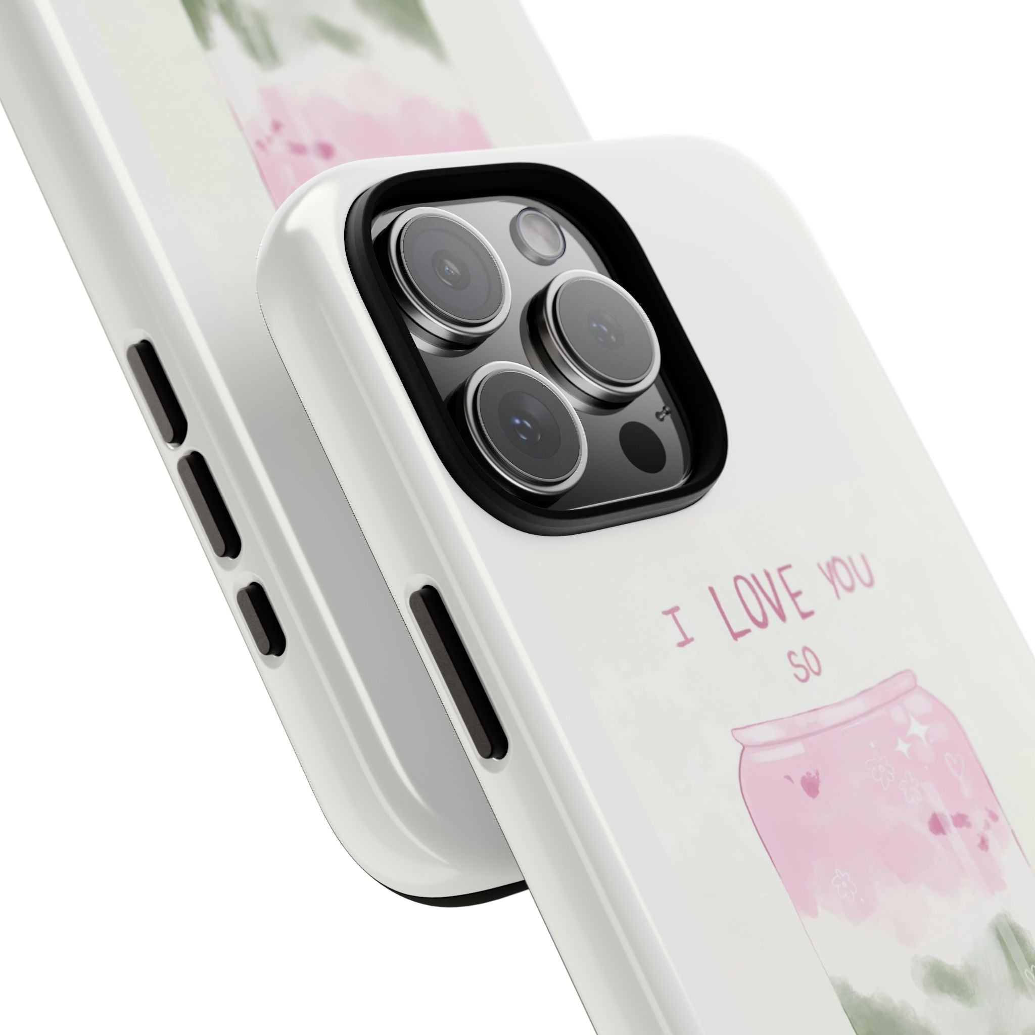 Side view white phone case with matcha jar design and camera cutout openings