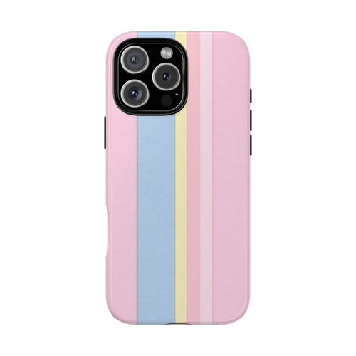 IBIZA stripes phone case, pink with blue and yellow vertical stripes.
