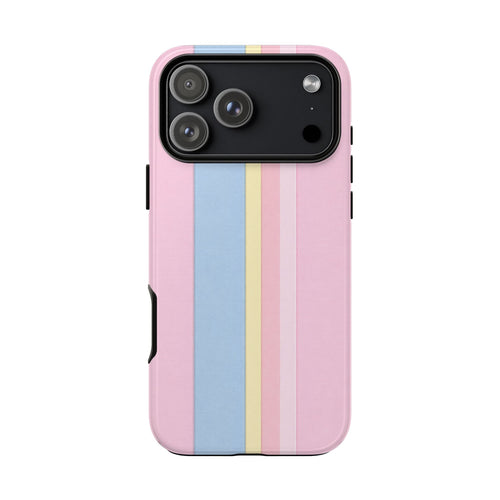 IBIZA stripes phone case with camera cutout, pink and blue/yellow striped design.