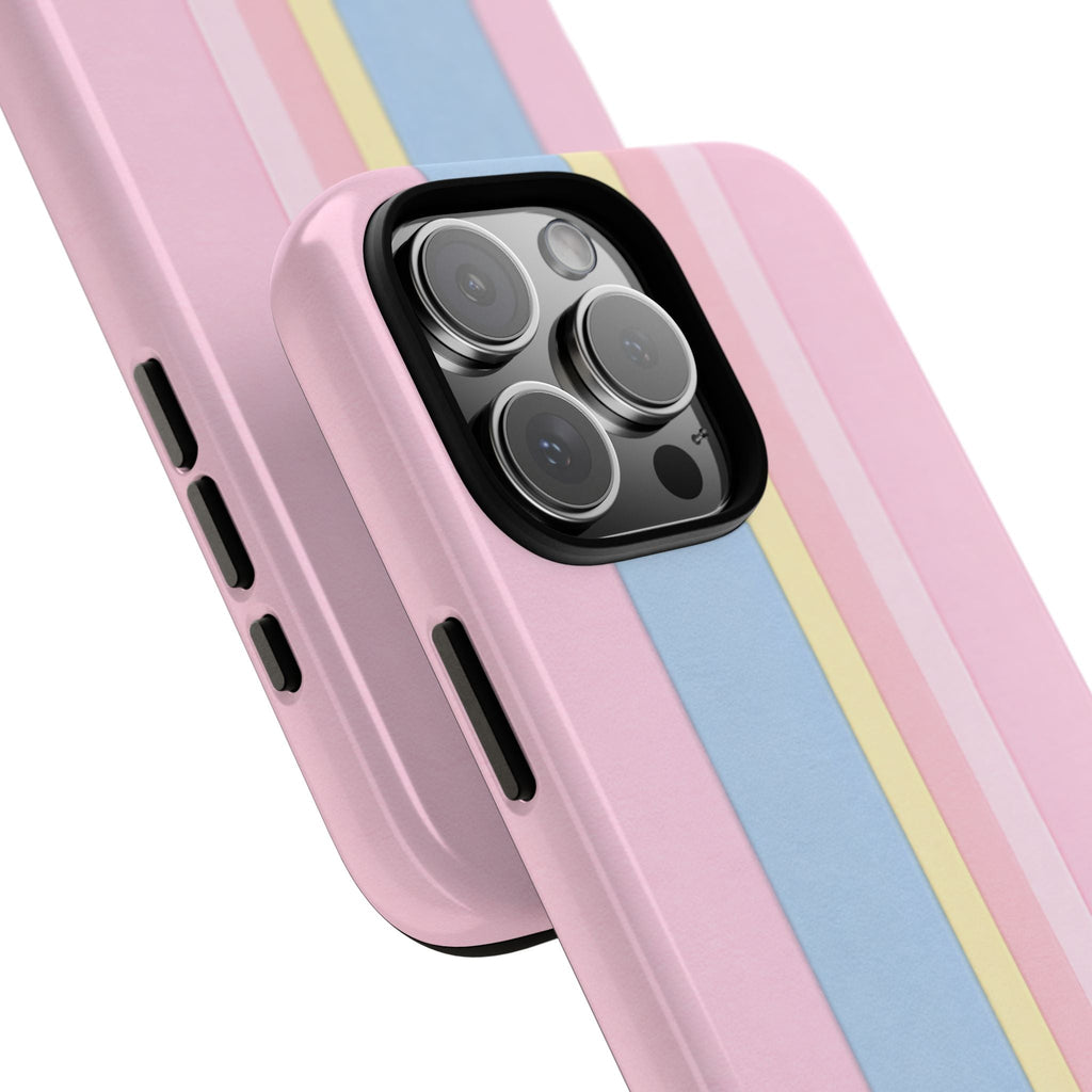 Close view of IBIZA striped phone case: pink back with blue center stripe and yellow line.