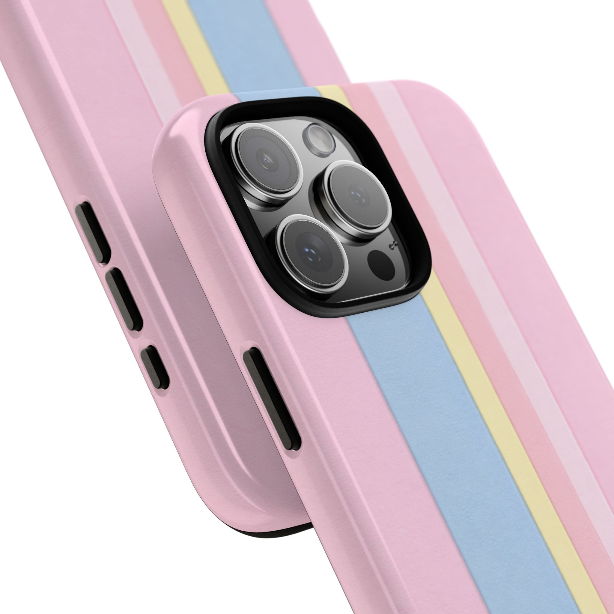 Close view of IBIZA striped phone case: pink back with blue center stripe and yellow line.