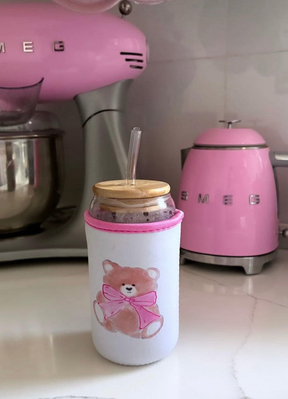 Iced coffee coozie, dark pink bow teddy bear design on white tumbler sleeve