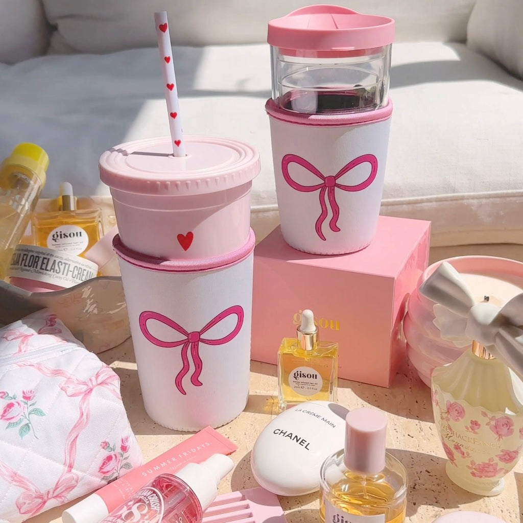 Iced coffee coozie, size M, white with pink bow teddy bear and pink trim
