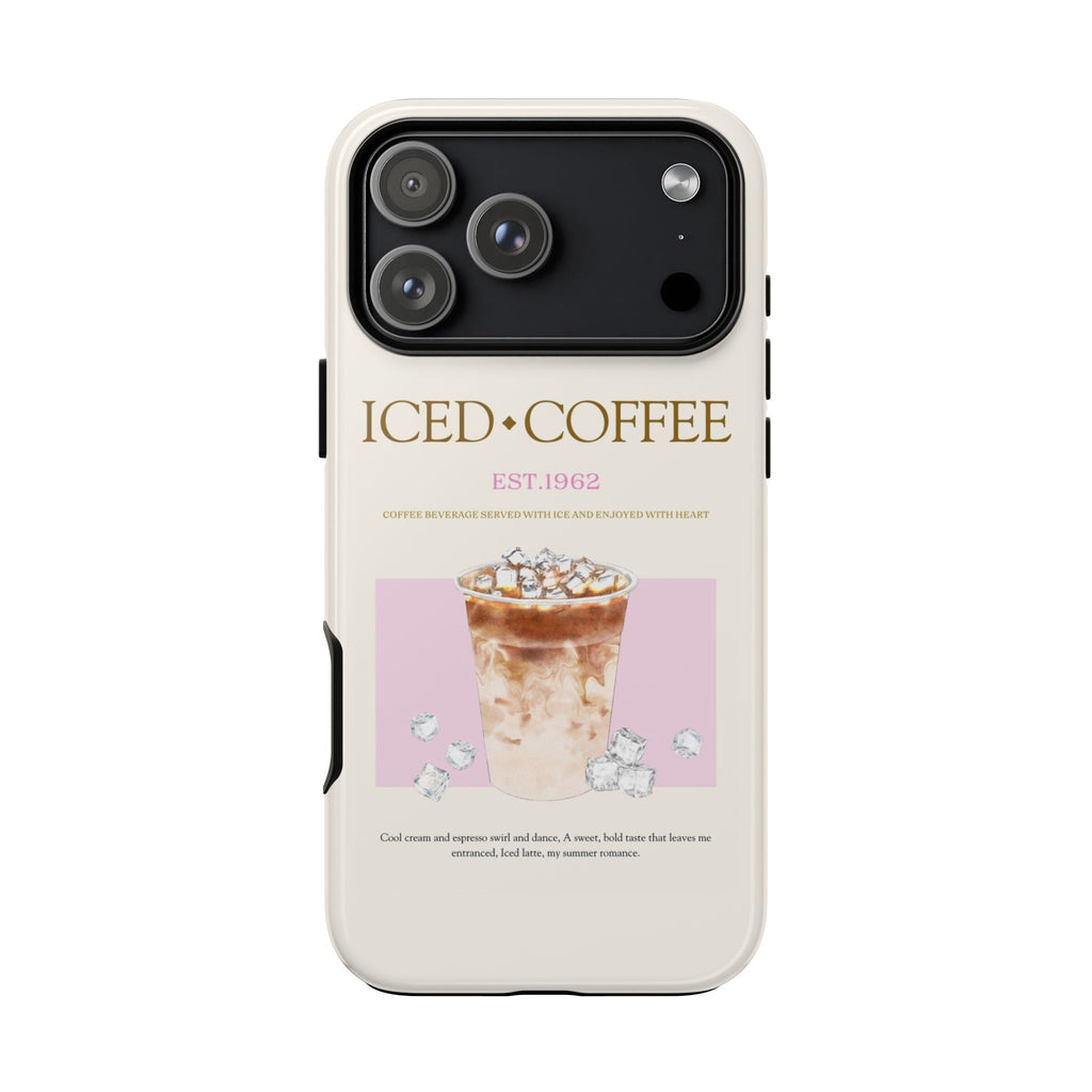 Iced coffee phone case back, cream with 'ICED·COFFEE' lettering and iced drink artwork