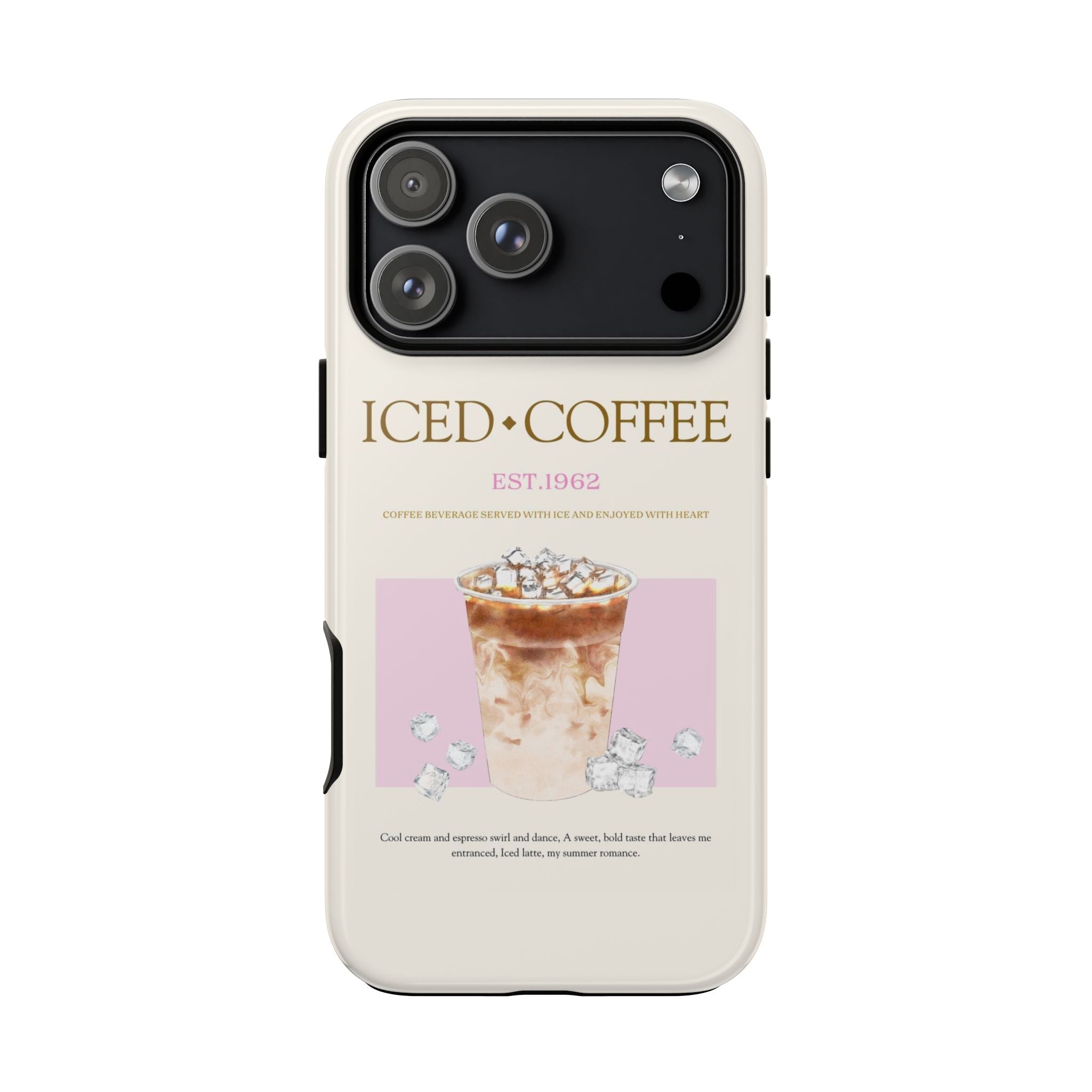 Iced coffee phone case back, cream with 'ICED·COFFEE' lettering and iced drink artwork