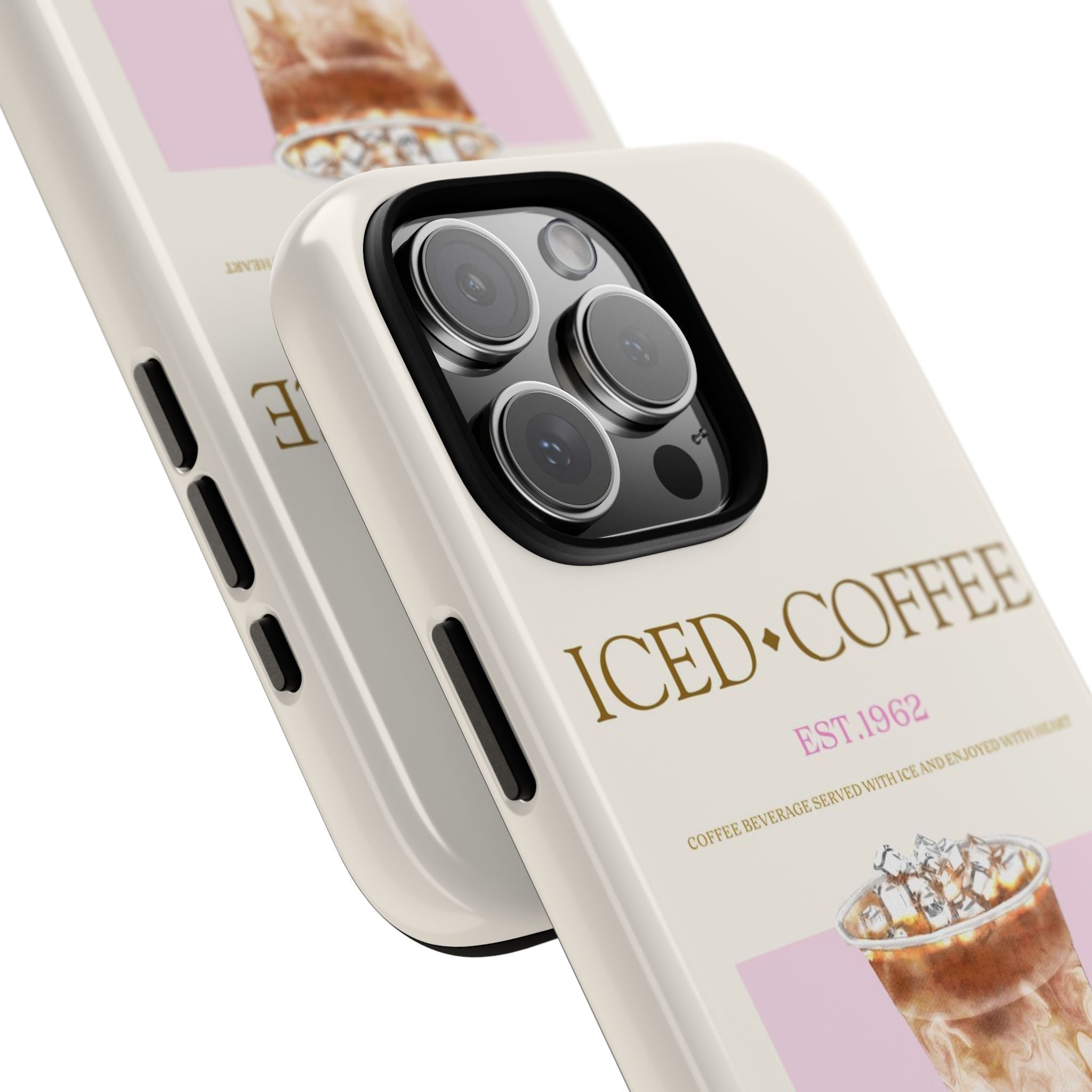 Cream iced coffee phone case close-up with camera cutouts and 'ICED·COFFEE' text