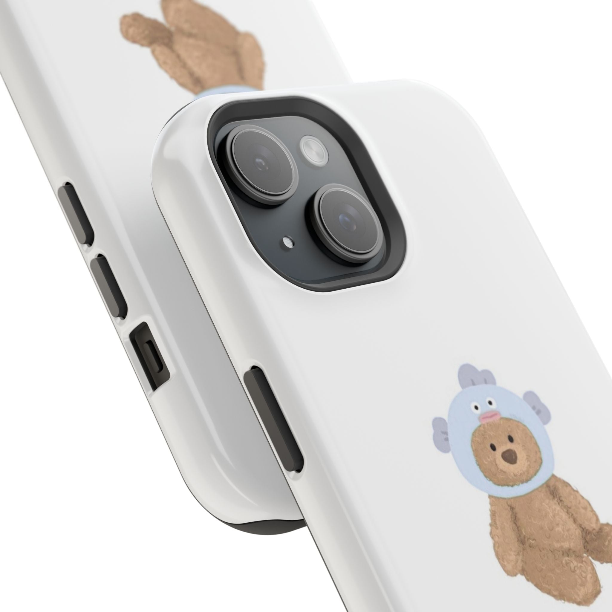 White phone case corner view with teddy bear character sticker and camera cutouts