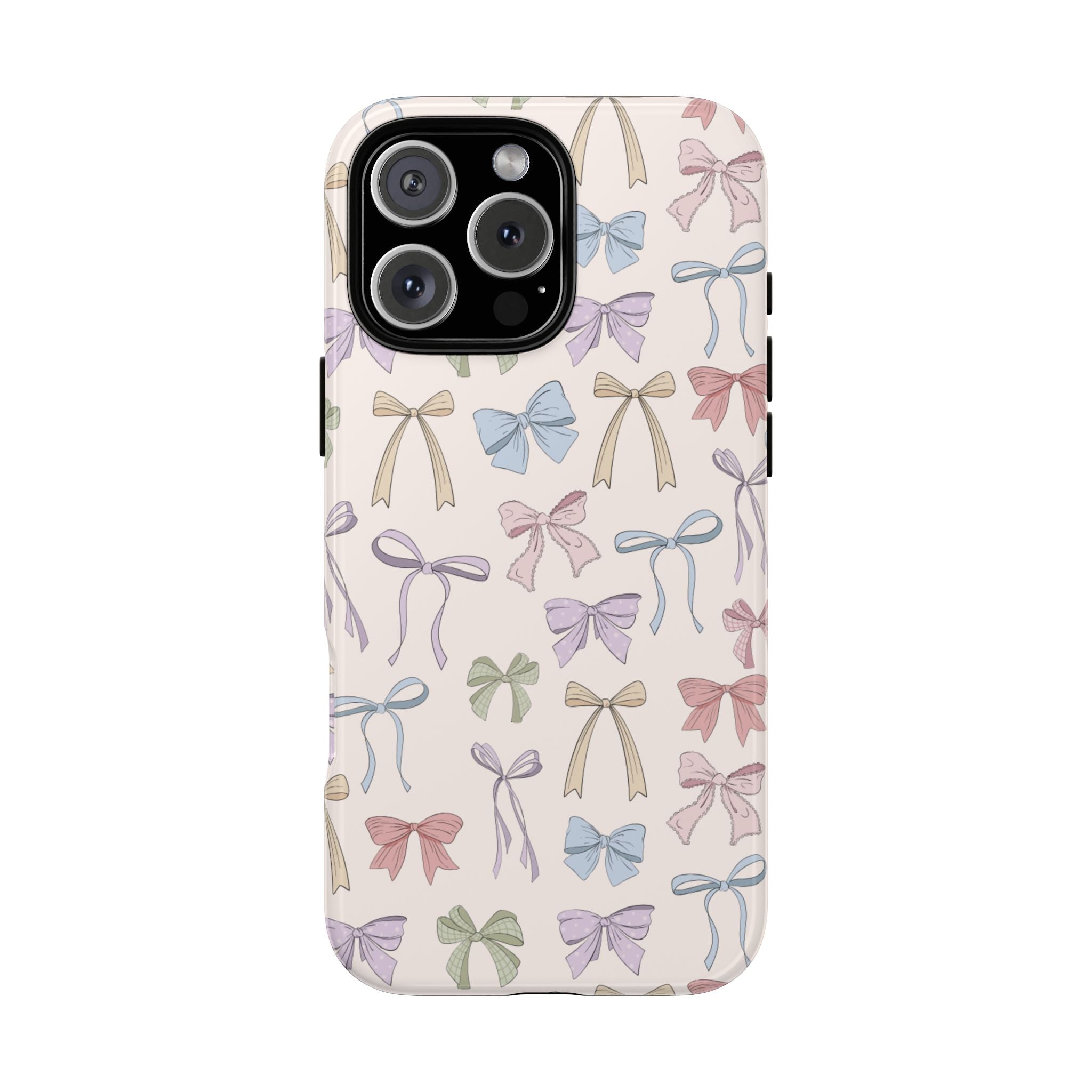 Pastel bow ribbon phone case with lens openings and side button cutouts