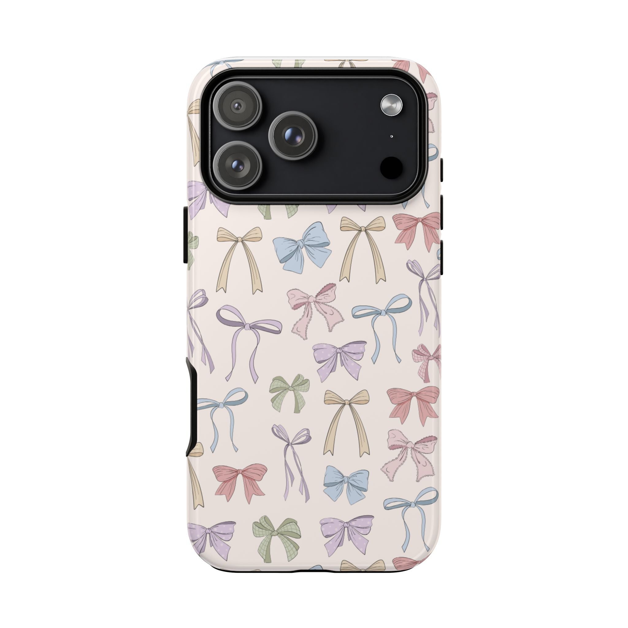 Bow-themed phone case with pastel ribbon bows pattern and camera cutout