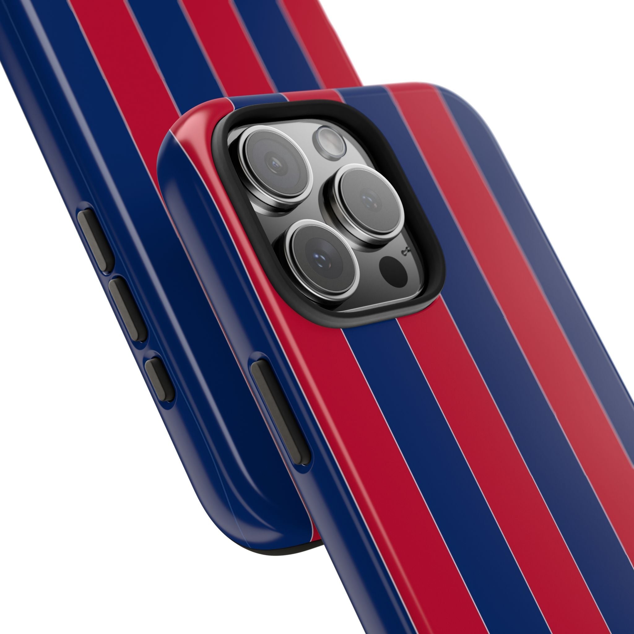 Red and blue striped phone case viewed at angle, showing side button cutouts