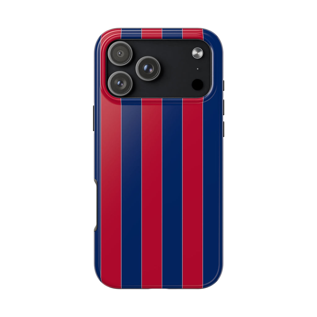 Phone case featuring red and blue vertical stripes with cutout for camera