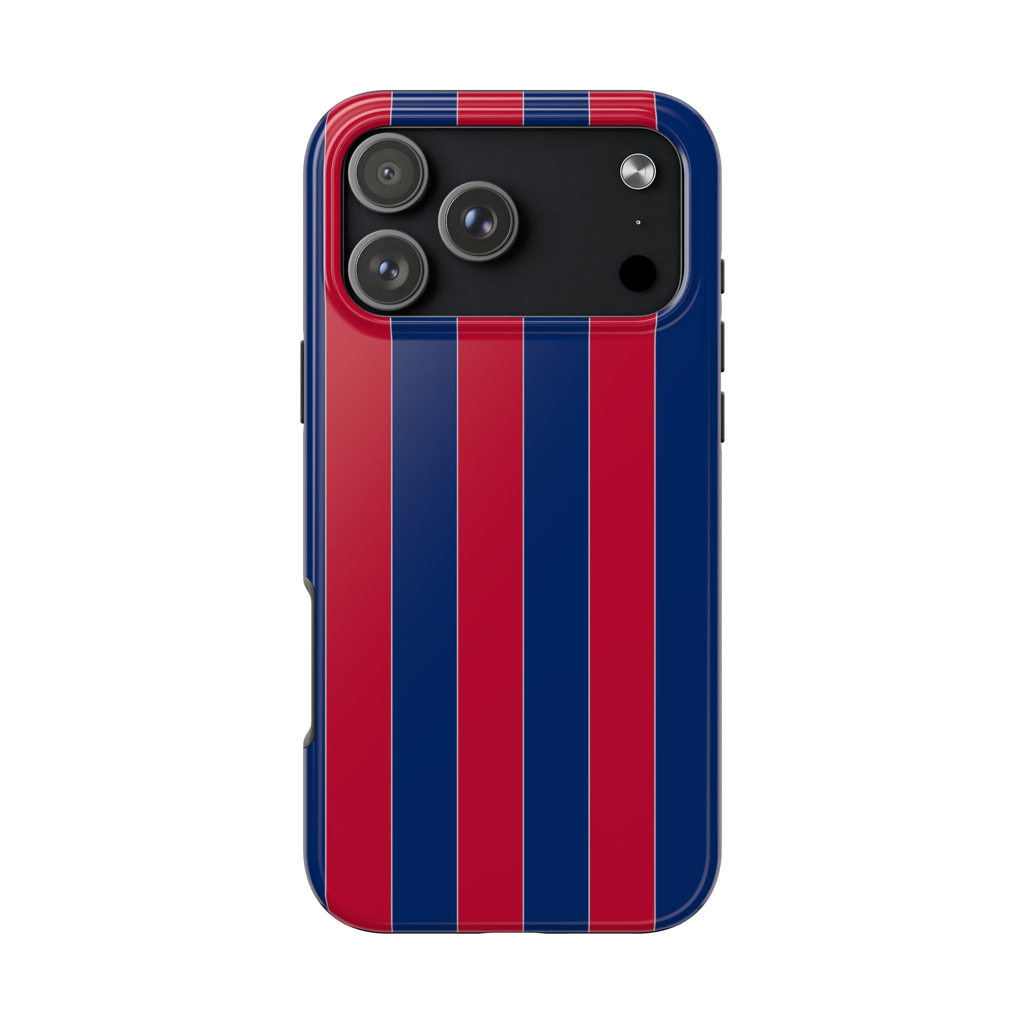 Phone case featuring red and blue vertical stripes with cutout for camera