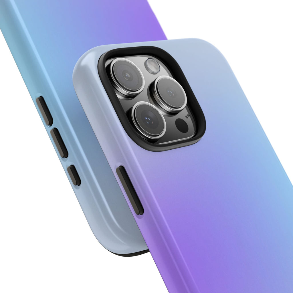 Indigo Bloom Aura phone case close-up, purple-blue gradient and side button cutouts