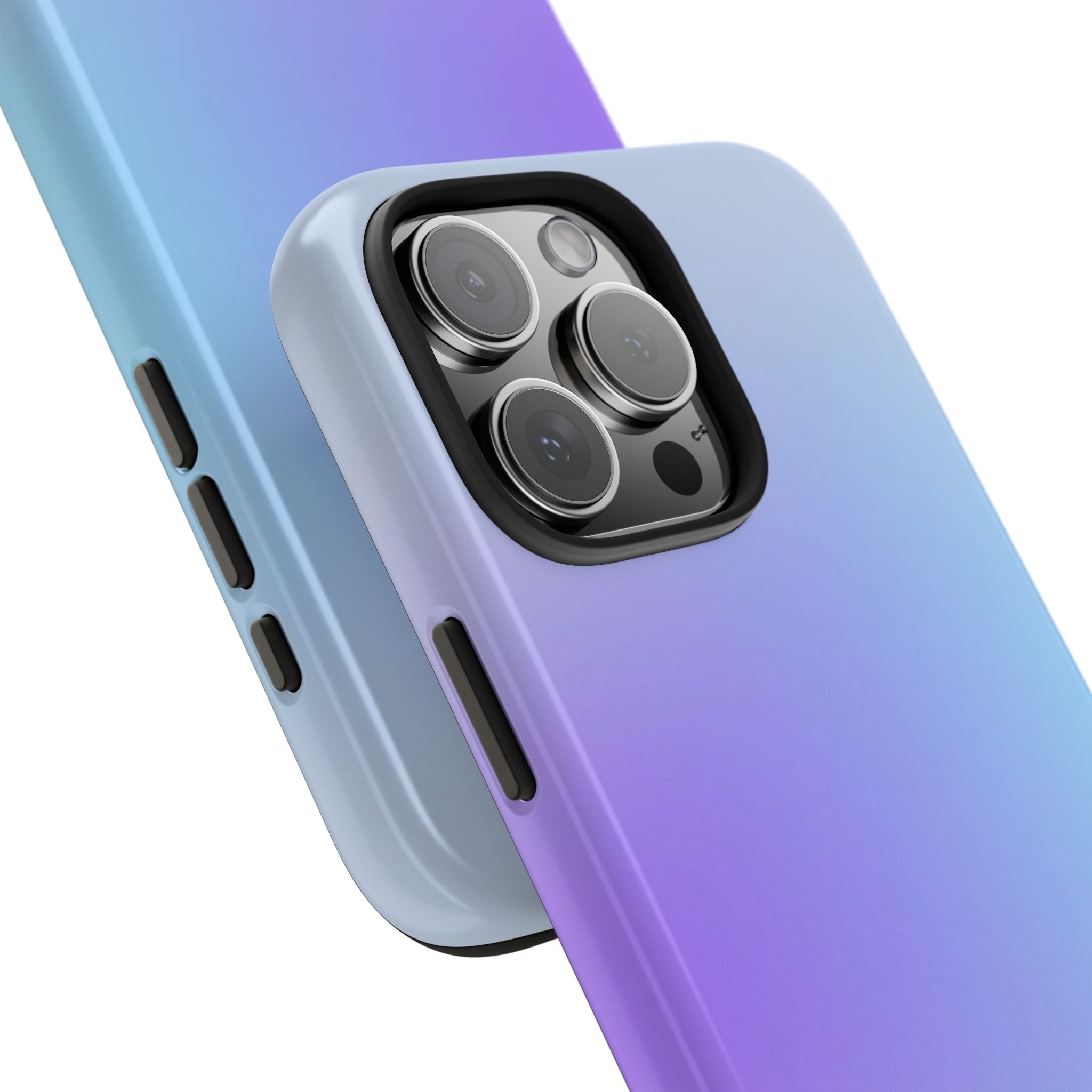 Indigo Bloom Aura phone case close-up, purple-blue gradient and side button cutouts