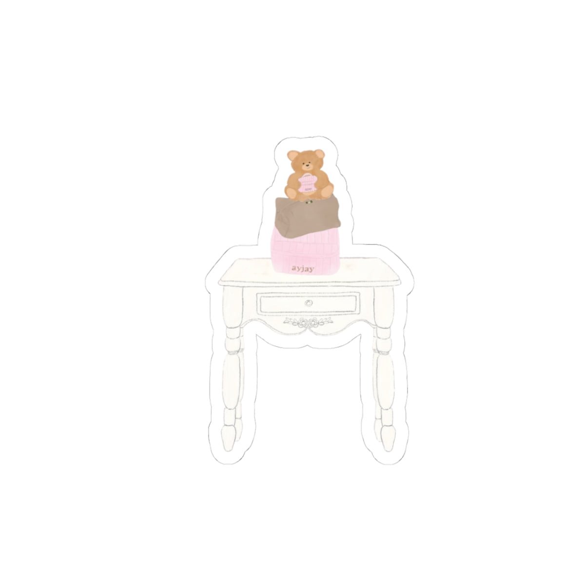 Bear on a pink shelf sticker above a white nightstand drawer