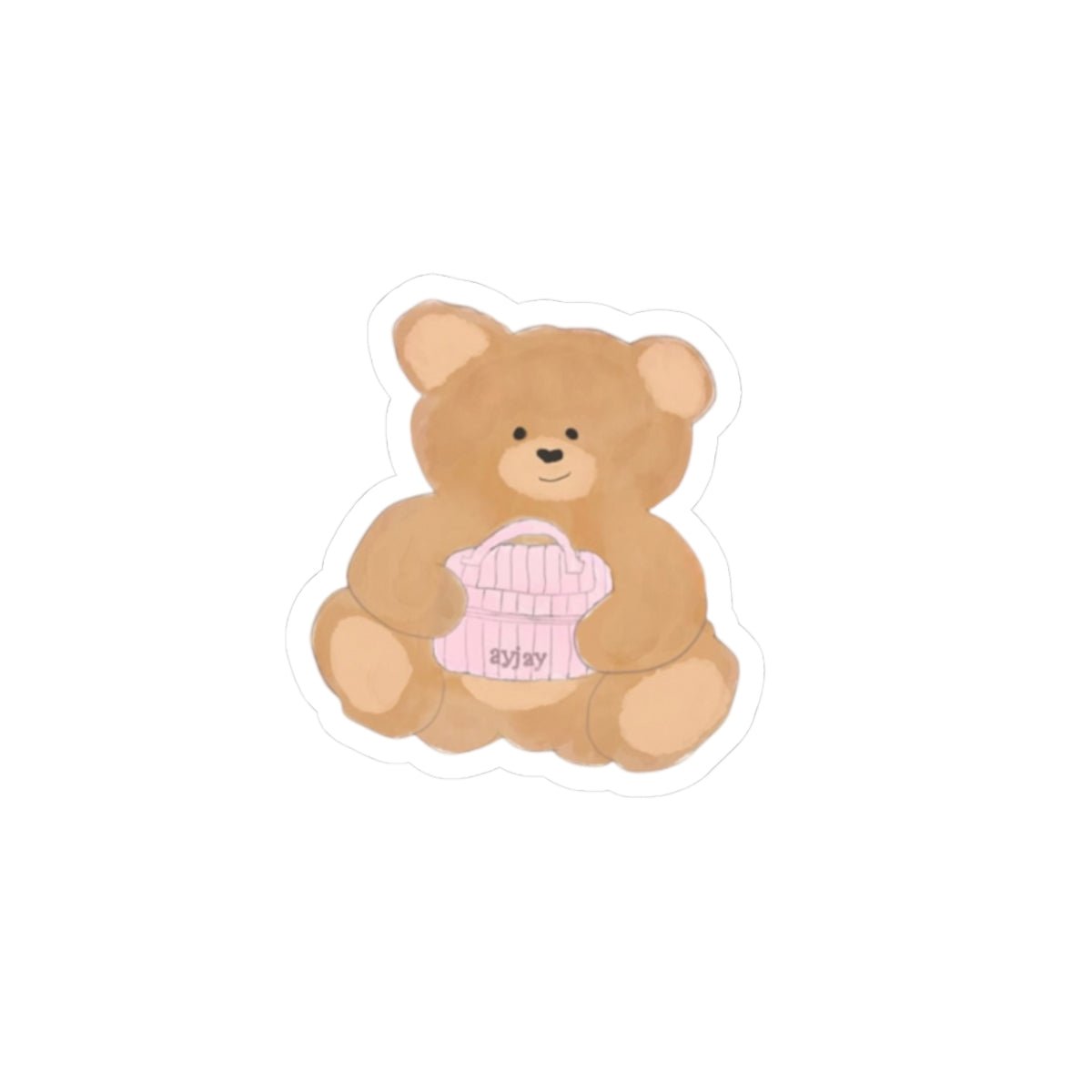 Teddy bear sticker in light brown holding a pink striped box, white border