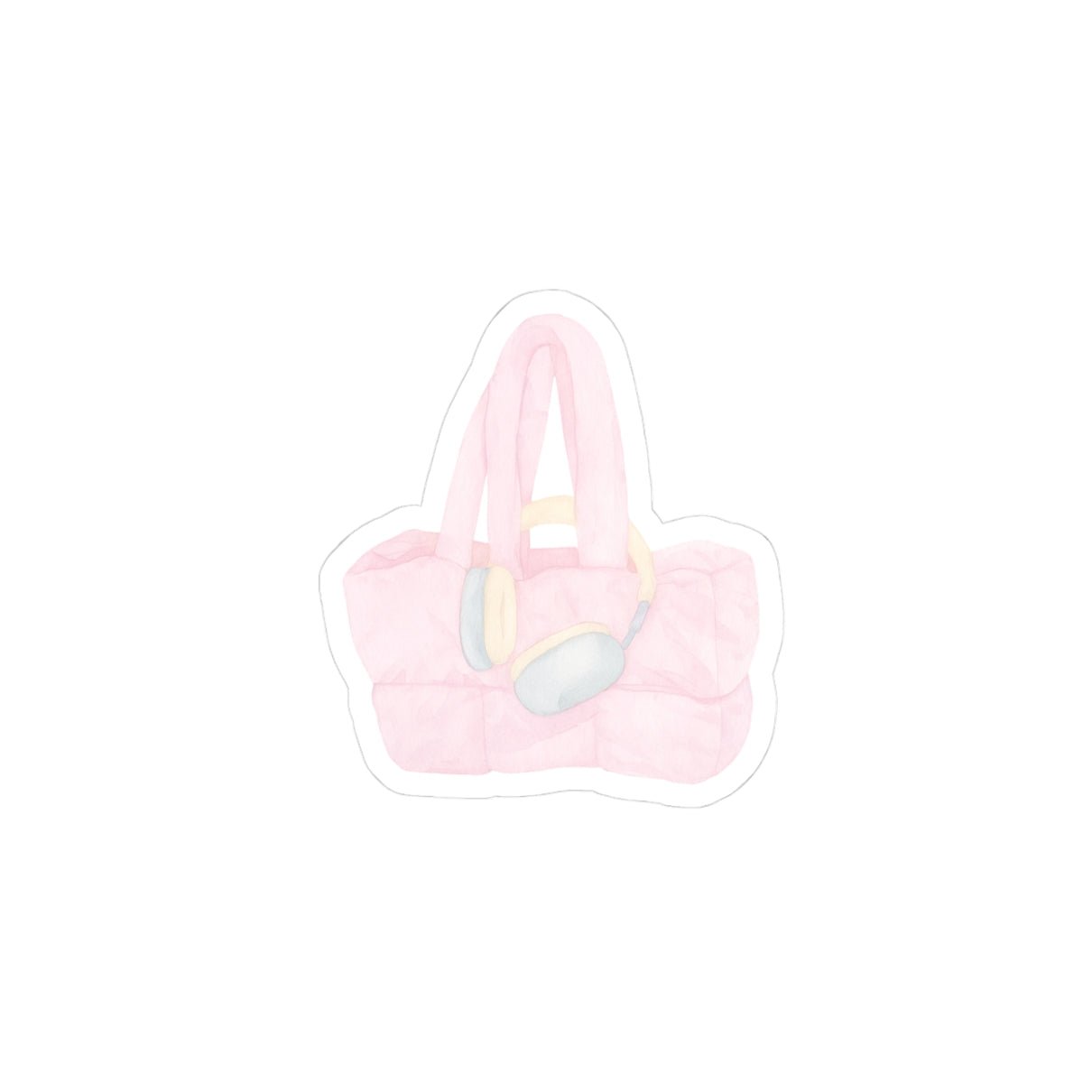 Pink duffle bag sticker with blue pocket and light blue strap details