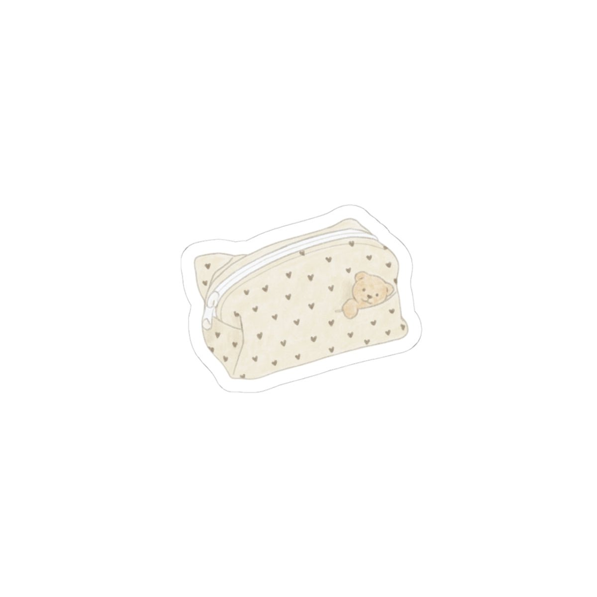 Cream pencil case sticker with hearts pattern and a small bear emblem