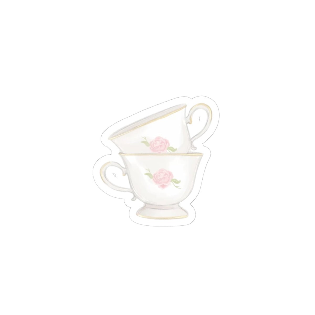 Cupcake teacup sticker with pink roses and green leaves