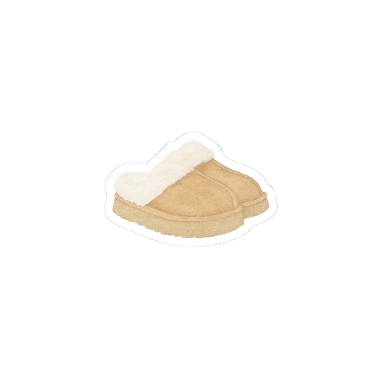Cozy slippers sticker in tan with white plush trim