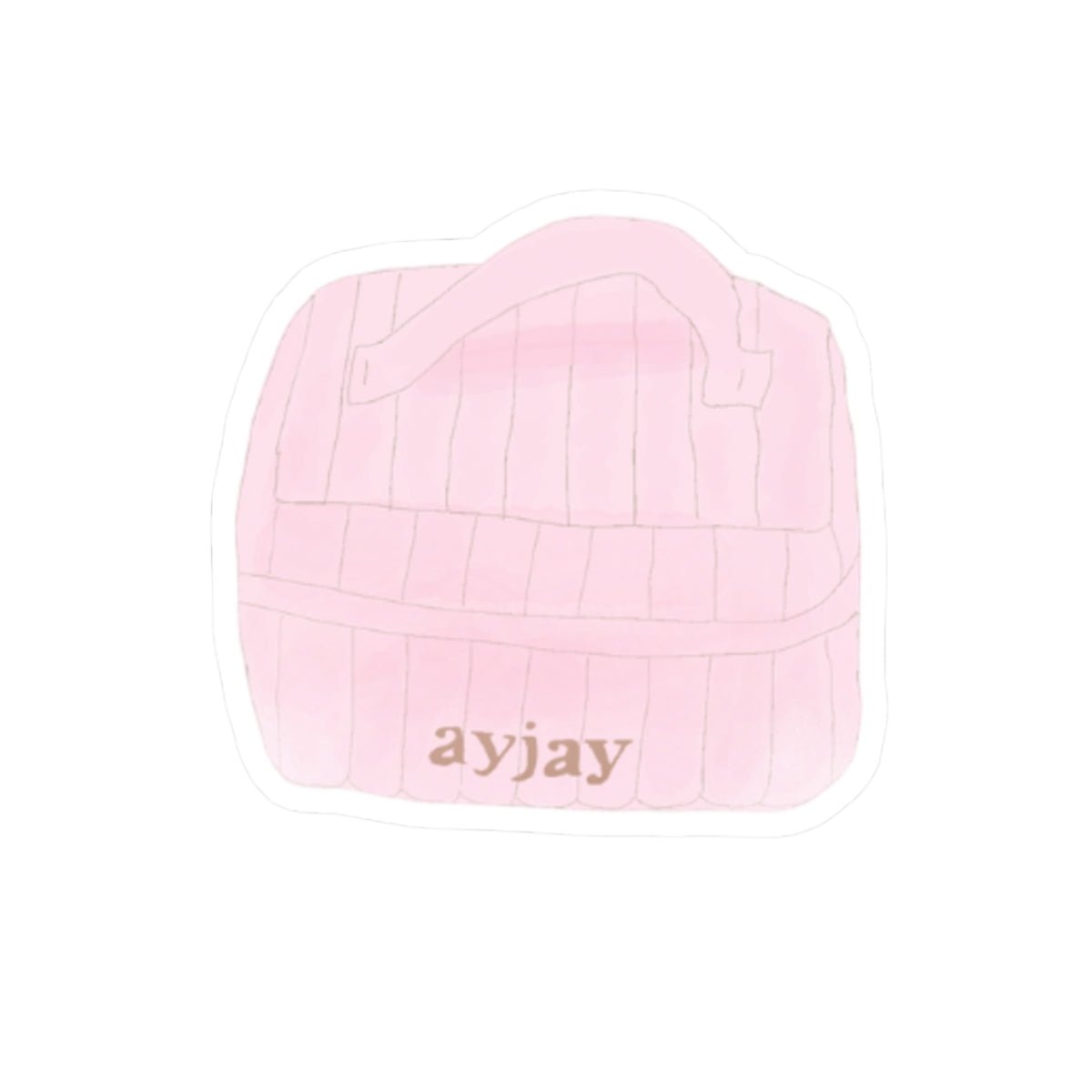 Pink vanity bag sticker with “ayjay” text on the front