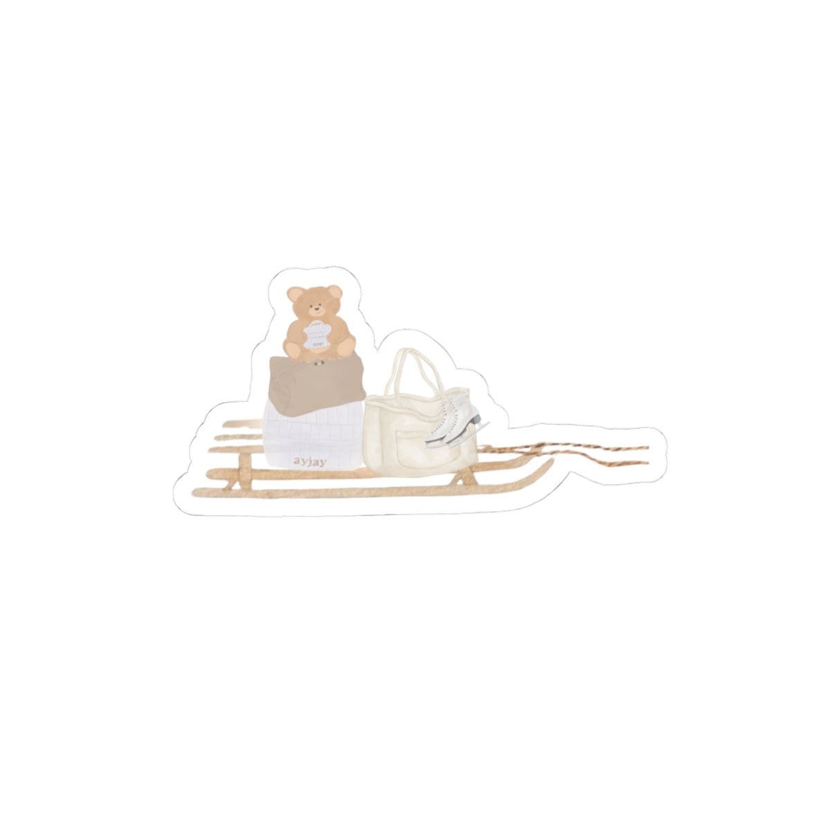 Bear on nightstand with white shelf accessories and small shoes sticker