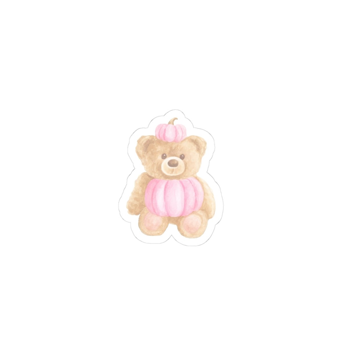 Pink-bib teddy bear sticker with a small pink bow hat