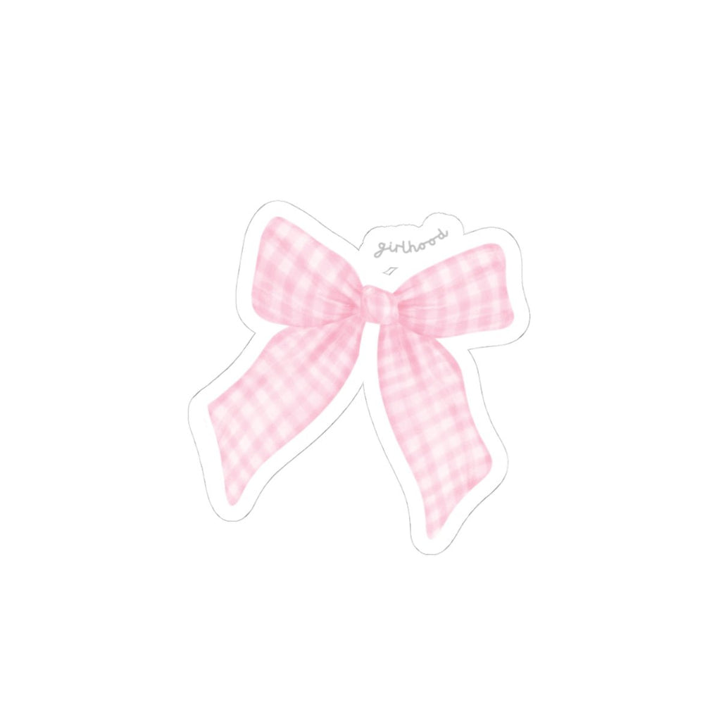 Pink gingham bow sticker with a small decorative label