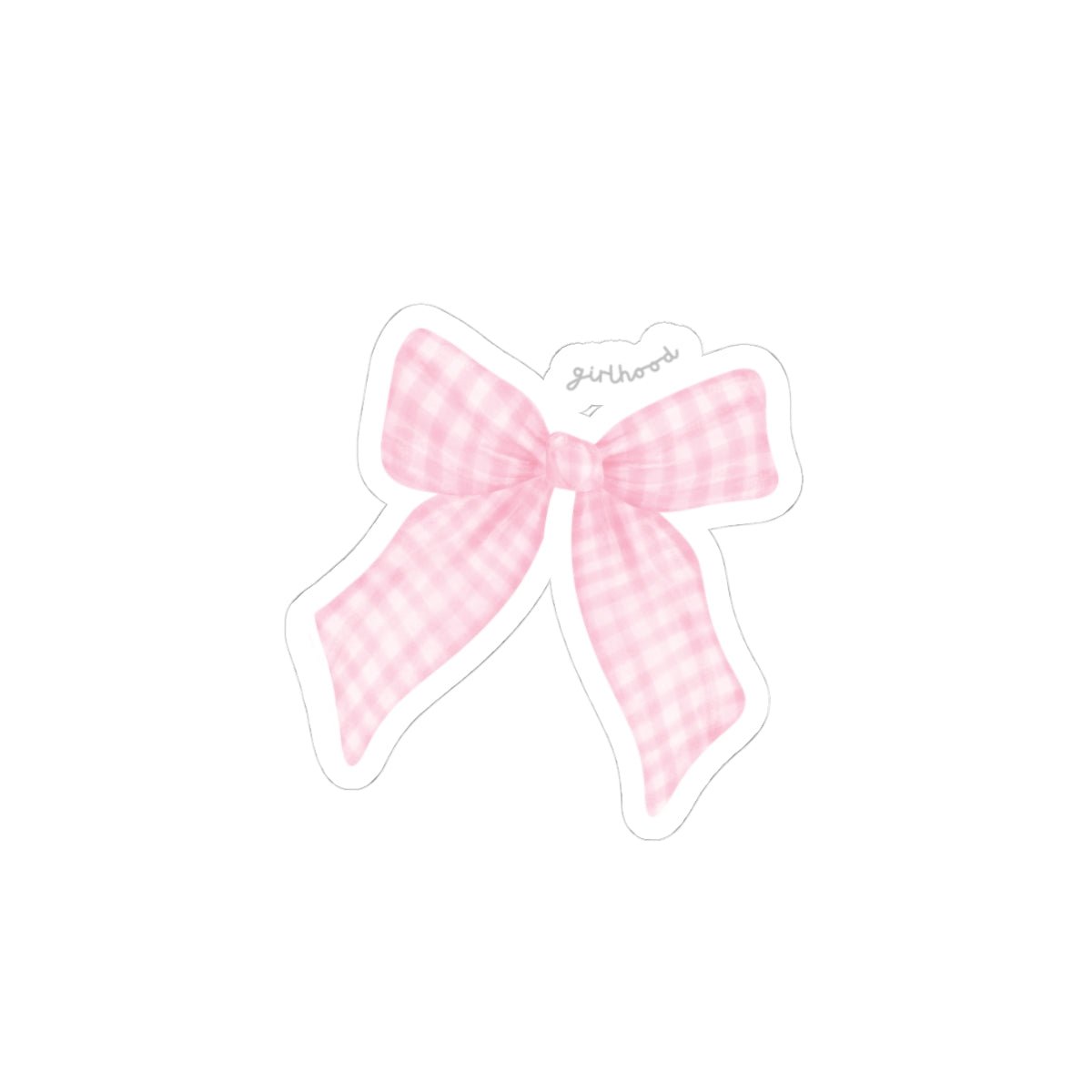Pink gingham bow sticker with a small decorative label