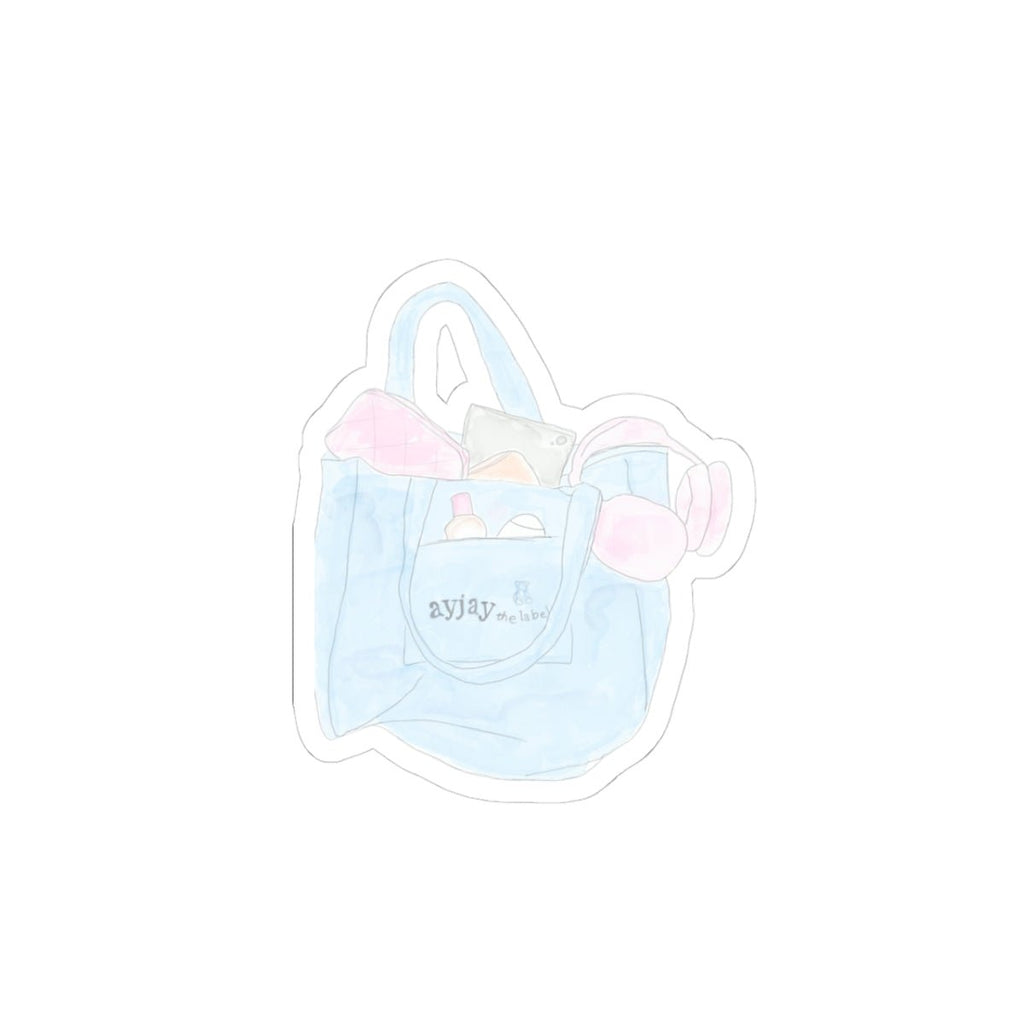 Tote bag sticker illustration, light blue bag with pink accents and handle outline