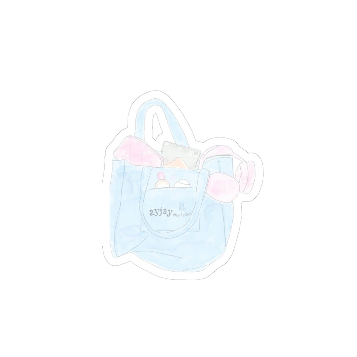 Tote bag sticker illustration, light blue bag with pink accents and handle outline