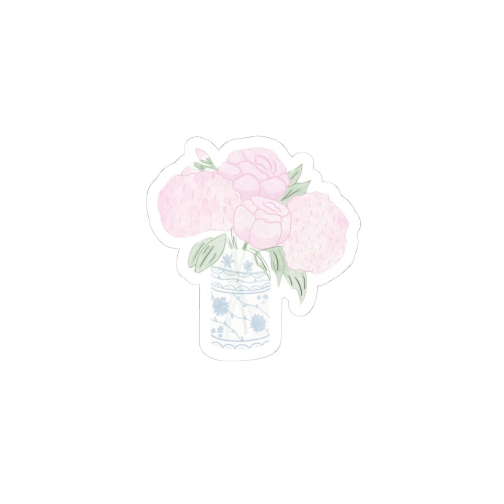Pink peony flower bouquet sticker with a patterned teacup